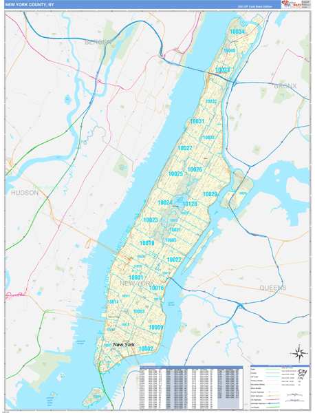 New York County Wall Map Basic Style